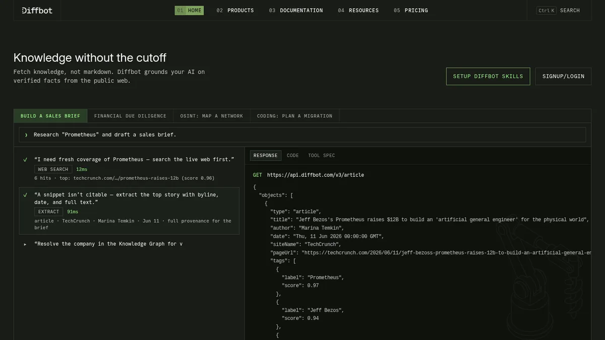 Diffbot homepage screenshot