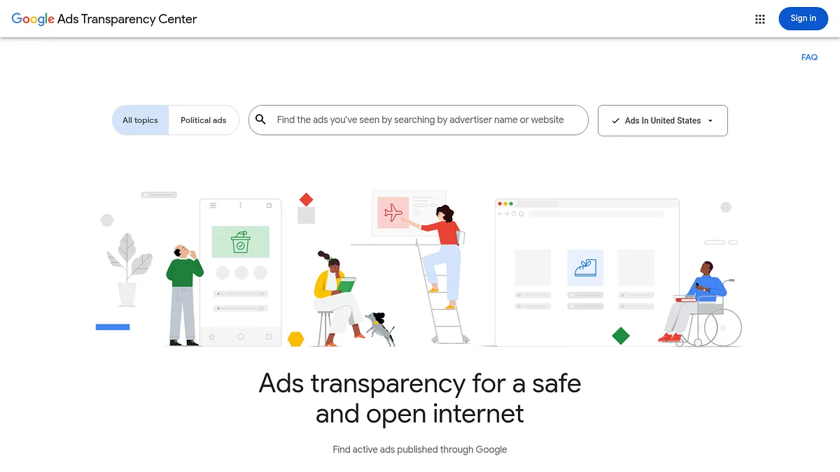 Google Ads Transparency Center homepage screenshot